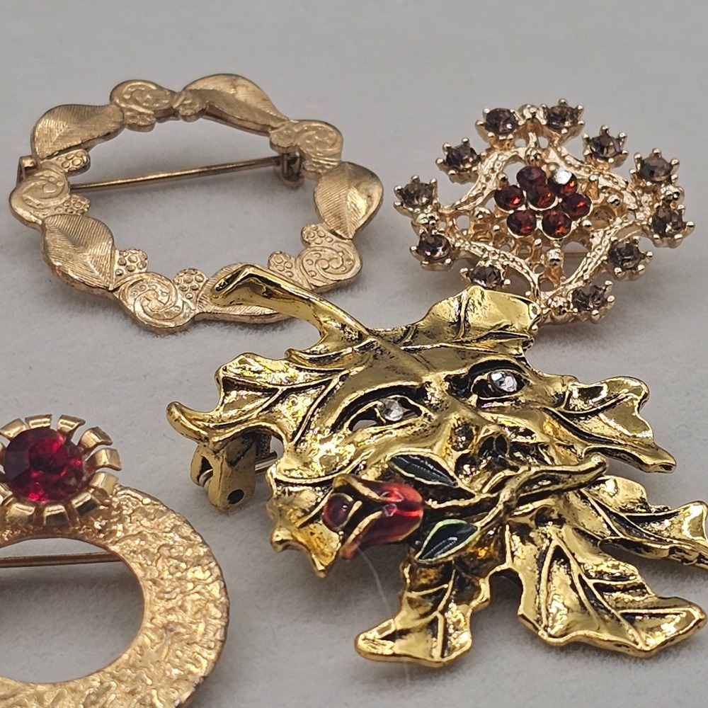 Rhinestone Brooch Lot Gold Tone Leaf Wreath Botanical 5pc Nature - Picture 9 of 10